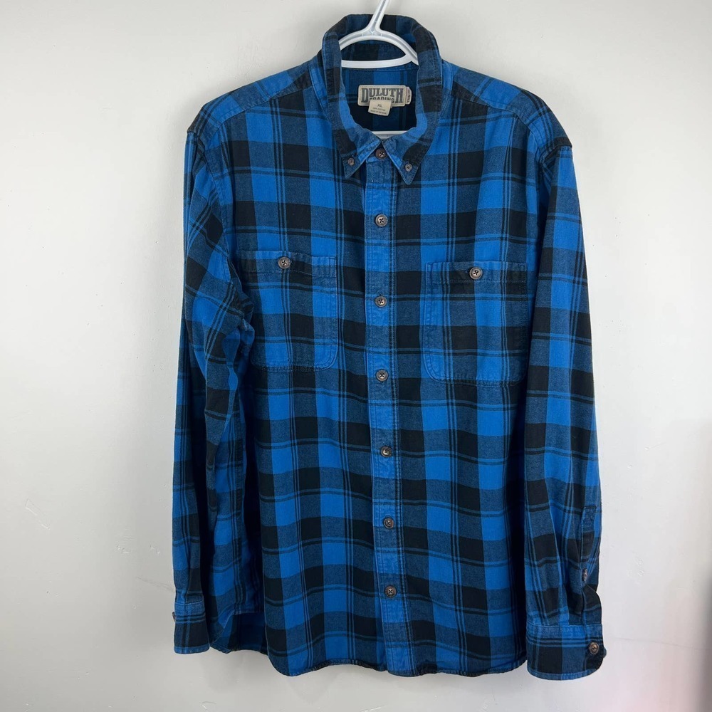 Duluth Trading Trim Fit Blue Black Plaid Flannel Button Up Shirt Mens Size XL